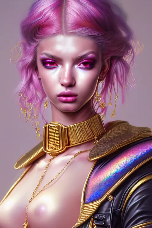 Image similar to hyperdetailed portrait of a stunningly beautiful european girl androgynous guard made of iridescent metals shiny pink gems, bright nimbus, thin golden necklace, inspired by ross tran and wlop and masamune shirow and kuvshinov, concept art, intricate, photorealistic, octane render, rtx, hdr, unreal engine, dnd digital art by artgerm