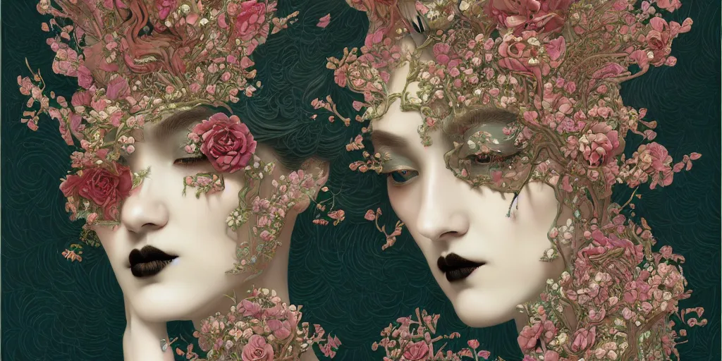 Prompt: breathtaking detailed concept art painting art deco pattern of goth faces goddesses amalgamation flowers, by hsiao - ron cheng, bizarre compositions, exquisite detail, extremely moody lighting, 8 k