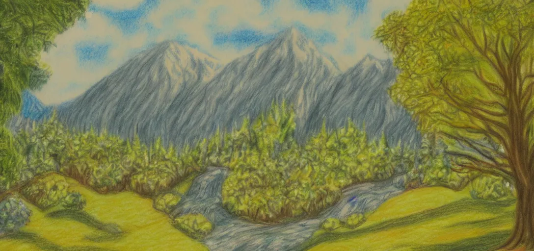 Prompt: Rivendell landscape drawn in crayon, digital painting