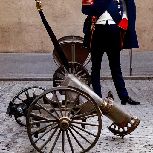 Prompt: portrait of emmanuel macron dressed as napoleon in a paris street dragging a cannon behind him, natural light, sharp, detailed face, magazine, press, photo, steve mccurry, david lazar, canon, nikon, focus