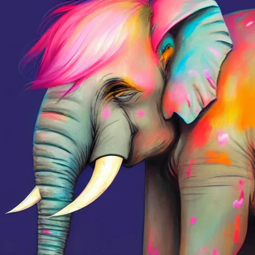 Image similar to colorful and festive elephant with pink hair,. rich vivid colors, ambient lighting, dynamic lighting, 4 k, atmospheric lighting, painted, intricate, highly detailed by charlie bowater