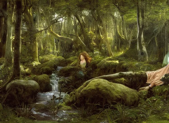 Image similar to airy forest glade ( wide and clear ). dream - like atmosphere ( time seems to dawdle ). cheery stream ( runs through glade, bubbling over rocks ).. edgar maxence and caravaggio and michael whelan and delacroix style, artistic, intricate painting, cinematic lighting, hyper realistic, extremely detailed, vivid colors, establishing shot, dramatic lighting