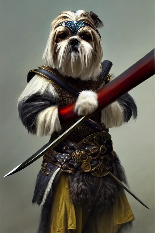 Prompt: a anthropomorphic shih - tzu warrior, holding a wakizashi, diffuse lighting, fantasy, intricate, elegant, highly detailed, lifelike, photorealistic, digital painting, artstation, illustration, concept art, smooth, sharp focus, naturalism, trending on byron's - muse, by greg rutkowski and greg staples and alphonse mucha