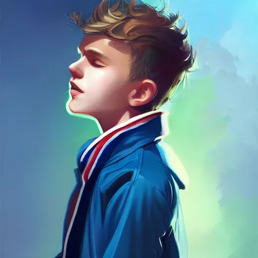 Image similar to colorful and Festive Captivating young boy with wavy blonde hair, navy blue jacket and blue shorts. rich vivid colors, ambient lighting, dynamic lighting, 4k, atmospheric lighting, painted, intricate, highly detailed by Charlie Bowater