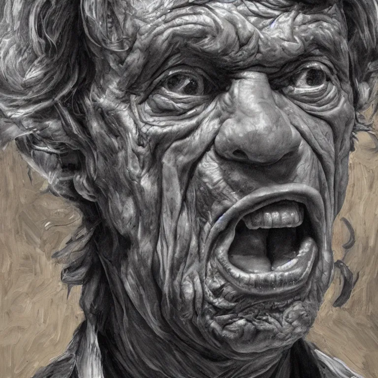 Image similar to warmly lit close up studio portrait of very old furiously angry!! Mick Jagger age 115 angrily singing, impasto oil painting thick brushstrokes by Lucian Freud and Cy Twombly and Tim Hawkinson , trending on artstation dramatic lighting Expressionism