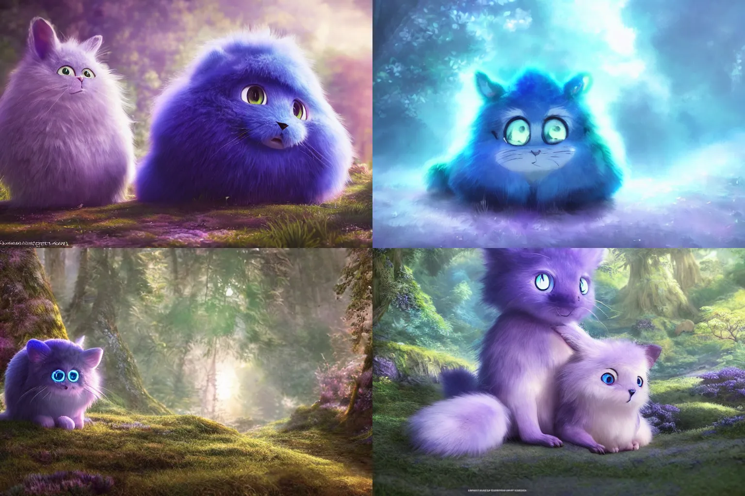 Prompt: ultra-realistic ultra-detailed adorable fluffy bioluminiscent creature in the style of ghibli kazuo oga, blue and purple fur, big ears, beautiful light big eyes, forest landscape, DOF, soft lighting, unreal engine render