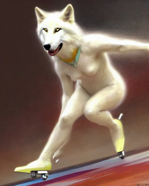 Image similar to white female anthro wolf skating at a roller derby, 4 k, furaffinity, trending on artstation, energetic, speed, motion blur, by gaston bussiere, craig mullins, j. c. leyendecker, gustav klimt, artgerm, greg rutkowski, alphonse mucha