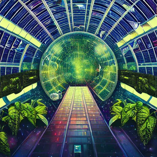 Prompt: a cinematic view of an orbital space habitat, large indoor greenhouse with exotic plants, retrofuturism, sci - fi art, oil on canvas, nebula waterfalls, hard sufaces, details, hyper - detailed, hd, hdr, 4 k, 8 k