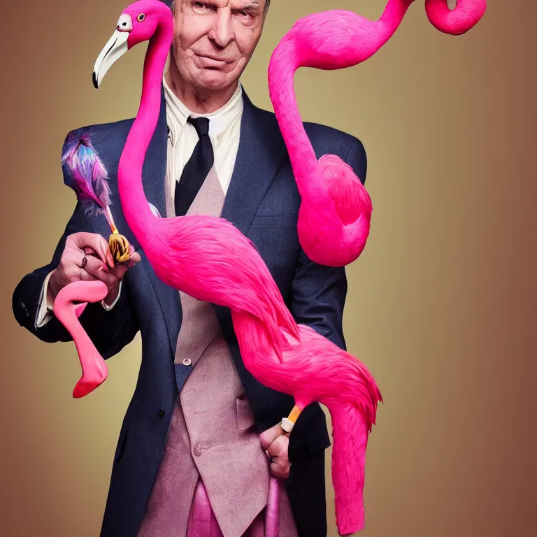 Prompt: high fashion photoshoot octane render portrait by wayne barlow and carlo crivelli and glenn fabry, a distinguished actor wearing a colorful wes anderson designed uniform and holding an irritated pink flamingo inside a high - end exotic colorful pastel vintage boutique hotel lounge, very short depth of field, bokeh