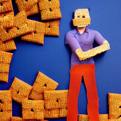 Prompt: A realistic looking man made out of Cheez-Its, artistic photo, award winning photo,