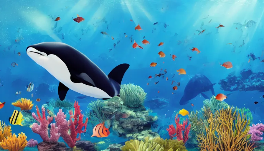 Image similar to a beautiful, noble, giant orca : 1, underwater scenery, beautiful colorful corals, african cichlids and other species of small tropical sea - life, god - rays, volumetric lighting, 8 k, digital art