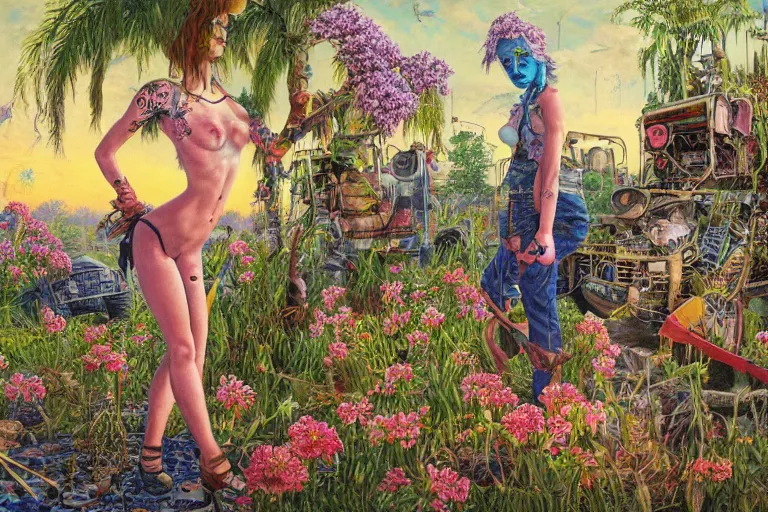 Prompt: oil painting, super - detailed scene tank girl, twilight junkyard, louisiana swamps, indigo blooming flowers garden, 8 k, 8 0 s japanese sci - fi books art, artwork by jean giraud