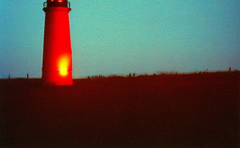 Image similar to red beam of light from lighthouse rotating over the field, night, unsettling, fire on the horizon, photo 1998