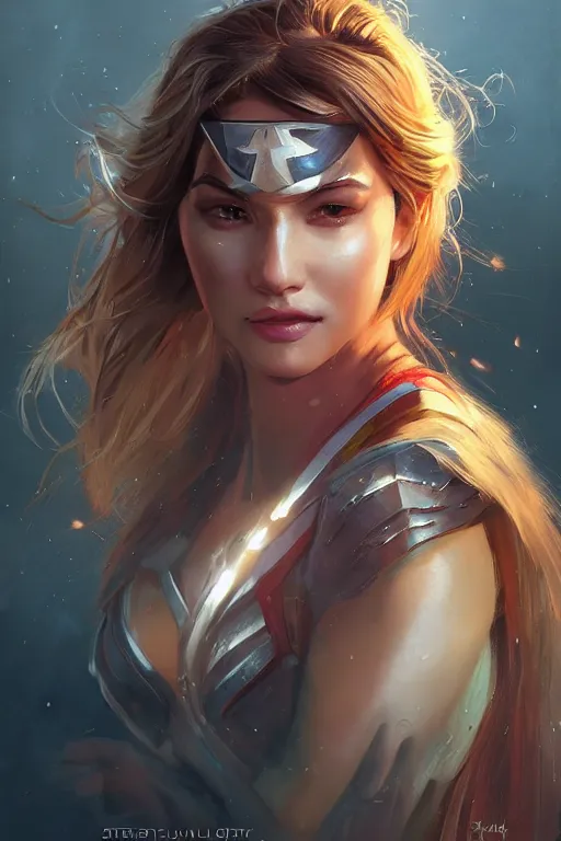 Image similar to three quarters portrait of a beautiful woman,super hero costume,heroic pose,highly detailed, digital painting,illustration, art by Stanley Lau