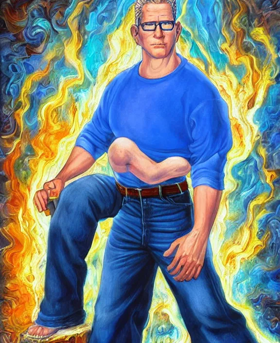 Image similar to hank hill wearing bluejeans and white tshirt, the god of propane's blue flames, blue fire, biblical painting, art by mike judge, art by josephine wall, art by amanda sage, art by huang guangjian, art by viktoria gavrilenko, trending on artstation