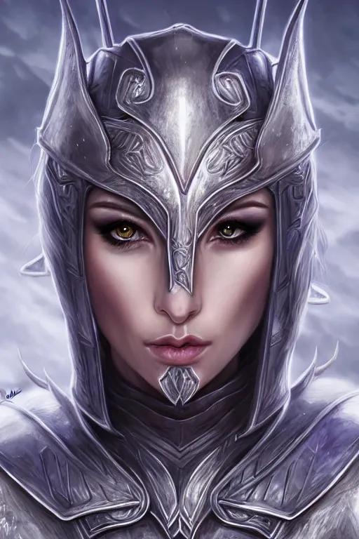 Image similar to head and shoulders portrait of an eldritch knight, elf, beautiful, female, breastplate, magical, high fantasy, d & d, by artgerm, face details, extremely detailed, digital illustration