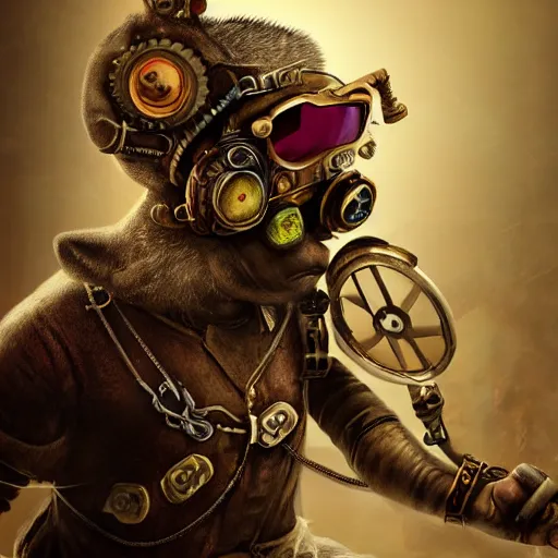 Image similar to rat warrior with steampunk goggles, clockwork, octane render, epic, cinematic, psychedelic, lsd, by ruan jia