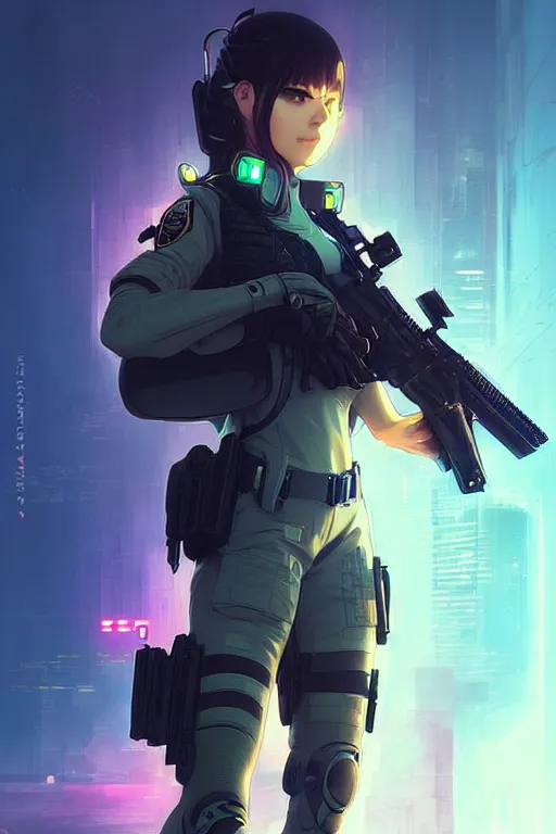Prompt: anime key visual of a young female swat officer, neon, cyberpunk, futuristic, stunning, highly detailed, digital painting, smooth, soft focus, illustration, movie poster, japanese typography, digital art from artstation by artgerm and greg rutkowski and alphonse mucha