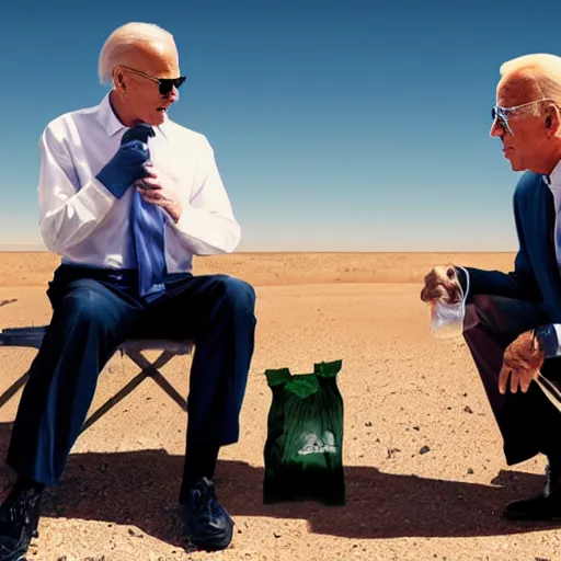 Image similar to Joe Biden and walter white holding ziploc bags of crystal blue meth, in the desert, film still, 4k, photorealistic, hd