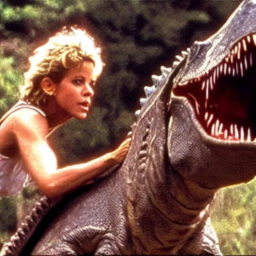 Prompt: Meg Ryan riding a dinosaur in Jurassic park