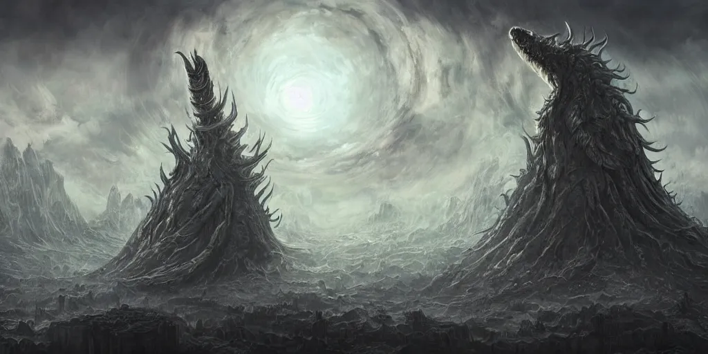 Prompt: concept art of giant alien kaiju, lovecraftian, renaissance, roaring, melting horror, round moon, rich clouds, fighting the horrors of the unknown, mirrors, very detailed, volumetric light, mist, grim, fine art, decaying, textured oil over canvas, epic fantasy art, very colorful, ornate scales, anato finnstark