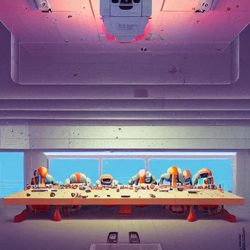 Prompt: the last supper with robots by simon stalenhag