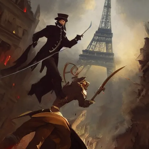 Image similar to a french gentleman with a rapier in a duel with a rogue blackman in the streets of a fantasy paris in french revolution, epic fantasy digital art, fantasy style art, by Greg Rutkowski, fantasy hearthstone card art style
