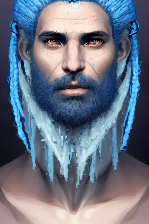 Image similar to portrait of a blue skin genasi with a square jaw from d & d by greg rutkowski, dreadlocks and small beard, tempest priest, runic rings, d & d character, blue, black background, highly detailed portrait, digital painting, artstation, concept art, smooth, sharp foccus ilustration, artstation hq