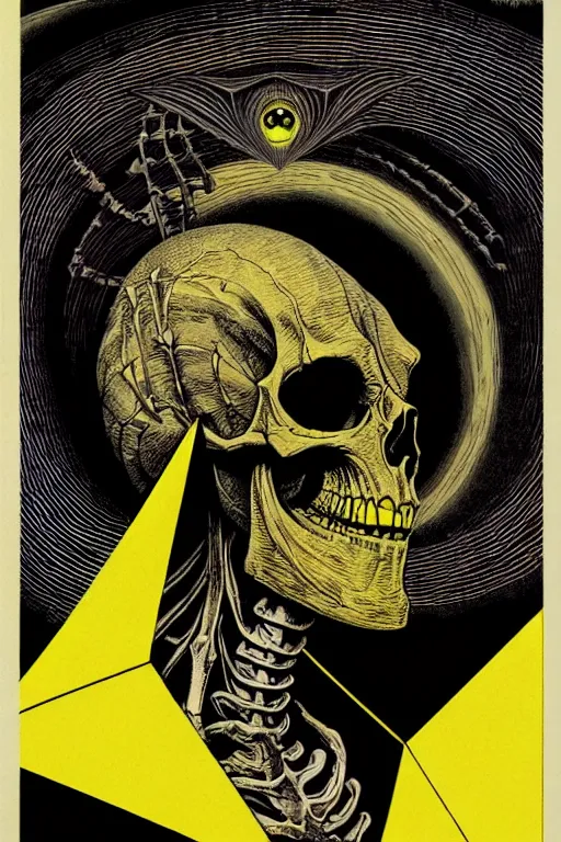 Image similar to black and yellow technicolor color risoprint, richard corben, wayne barlowe, moebius, heavy metal comic cover art, psychedelic triangular skeleton, very intricate, full body portrait, symmetrical face, in a concentric background, galactic dark colors