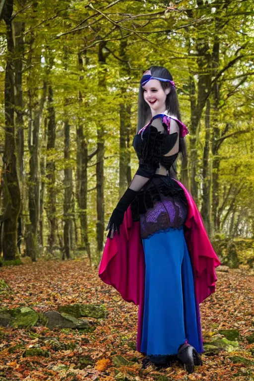 Prompt: full - length photo, young woman, gothic clothes, blue stockings, smiling at camera, 4 k, colourful