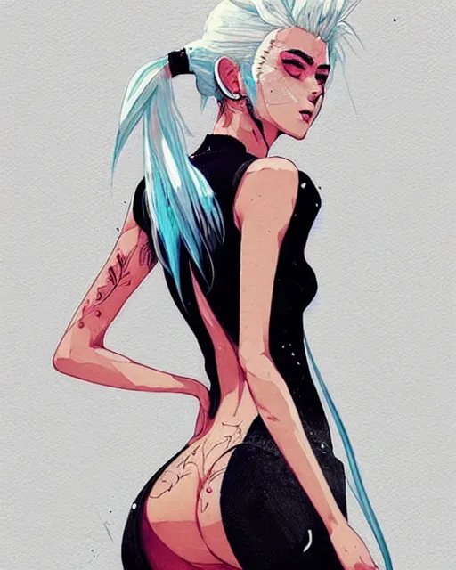 Prompt: a ultradetailed beautiful back painting of a stylish woman with white hair in a pony tail, she is wearing jeans, by conrad roset, greg rutkowski and makoto shinkai trending on artstation