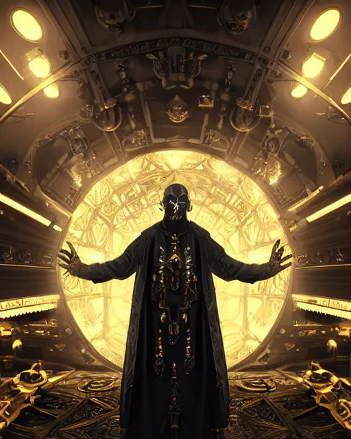 Image similar to a dark sci fi matte painting portrait of a a metallic skeleton priest surrounded by huge metal mandalas and ornate metal, art deco shapes, cinematic lighting, rim light smooth, dark sci fi, unreal engine, octane render, by blizzard studios, golden rule, subject in center of frame, fog volumes, vivid color glow, cgsociety