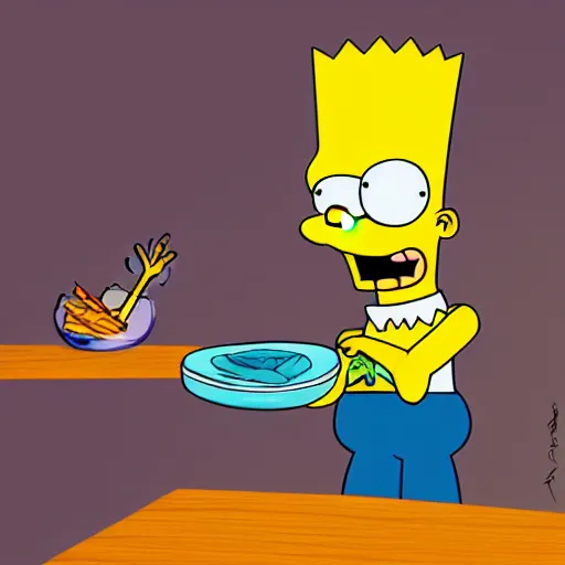 Prompt: Bart Simpson as a real boy surfing the imaginary wave on the kitchen table at breakfast, digital art, by ROSS tran, 4k