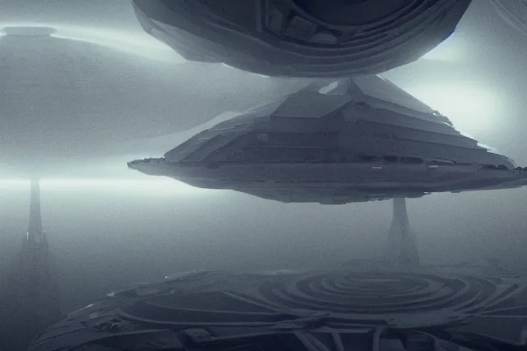 Image similar to a spaceship moving through a foggy complex organic fractal 3 d ceramic megastructure, cinematic shot, photo still from movie by denis villeneuve