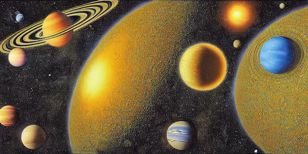 Image similar to Artwork by Tim White of the cinematic view of a solar system of giant diatom planets.