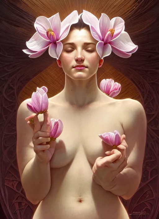 Image similar to perfectly detailed magnolia flowers!! blessed by nature with ever - increasing physical mental perfection, symmetrical! intricate, sensual features, highly detailed, biblical divine holy perfection!! digital painting, artstation, concept art, smooth, sharp focus, illustration, art by artgerm and greg rutkowski and alphonse mucha