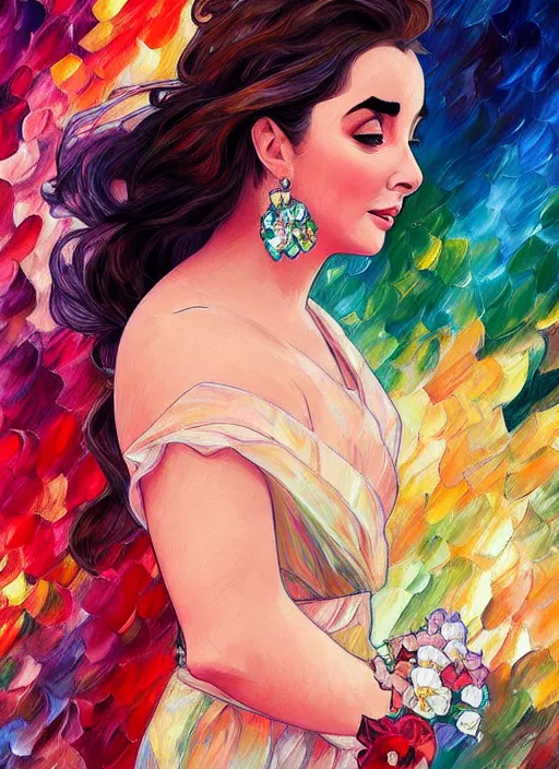 Image similar to elizabeth taylor detailed clothing, half body shot, arms down, path traced, highly detailed, high quality, digital painting, alena aenami, leonid afremov, lilia alvarado, shinji aramaki, karol bak, alphonse mucha, tom bagshaw