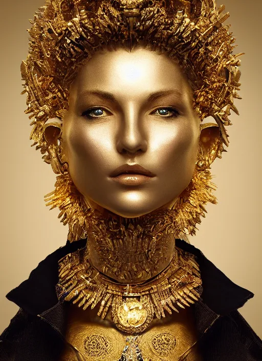 Prompt: sculpture made of gold, portrait, future, shaman, gold, close up, harper's bazaar, vogue, magazine, concept art, ornate, luxury, elite, elegant, trending on artstation, by ruan jia, by Kenneth Willardt, by ross tran, by WLOP, by Andrei Riabovitchev,