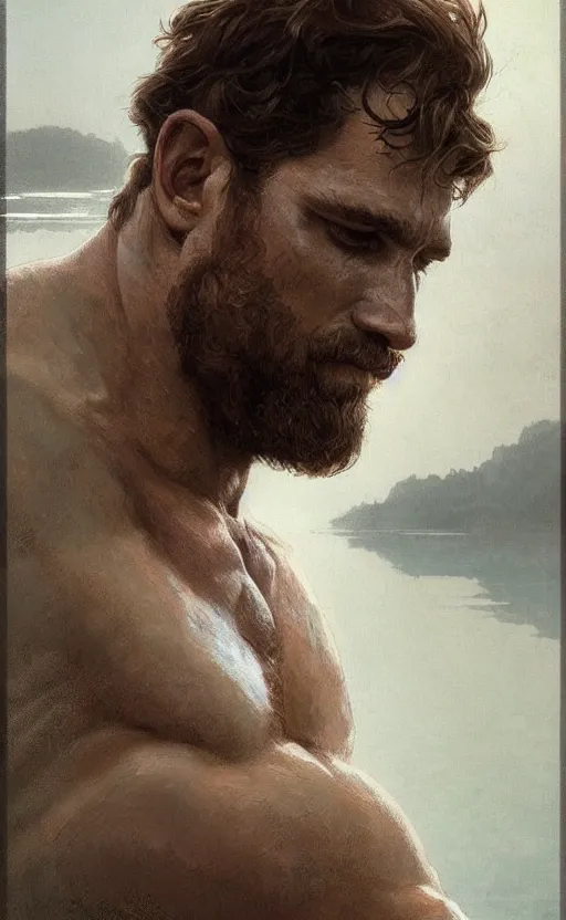 Image similar to portrait of the god of the lake, 30 years old, rugged, male, gorgeous, detailed face, amazing, thighs!!!!!!, muscular, intricate, highly detailed, digital painting, artstation, concept art, sharp focus, illustration, art by greg rutkowski and alphonse mucha