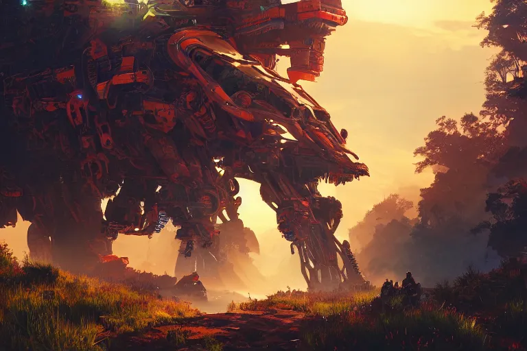 Image similar to scorcher machine mecanical creature robot of horizon forbidden west horizon zero dawn radiating a glowing aura global illumination ray tracing hdr fanart arstation by ian pesty and alena aenami artworks in 4 k