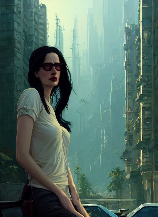 Image similar to highly detailed portrait of eva green in gta v, stephen bliss, unreal engine, fantasy art by greg rutkowski, loish, rhads, ferdinand knab, makoto shinkai and lois van baarle, ilya kuvshinov, rossdraws, tom bagshaw, global illumination, radiant light, detailed and intricate environment