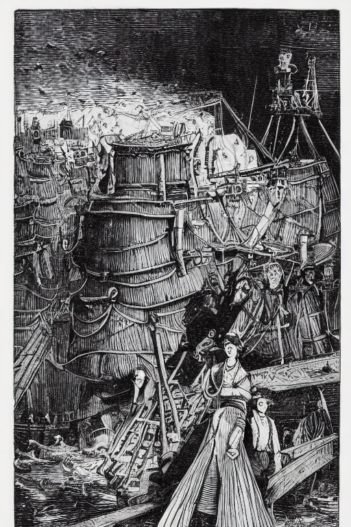 Image similar to 19th century wood-engraving of Howl's moving castle, whole page illustration from Jules Verne book, art by Édouard Riou Jules Férat and Henri de Montaut, frontal portrait, high quality, beautiful, highly detailed, removed watermarks