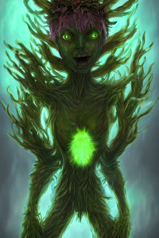 Image similar to a glowing humanoid figure plant monster with large eyes, highly detailed, digital art, sharp focus, trending on art station, moss, anime art style