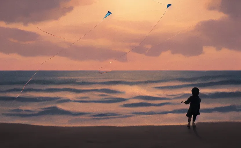 Image similar to child flying a kite at the beach by atey ghailan and garmash, michael, cinematic, volumetric lighting, sunset