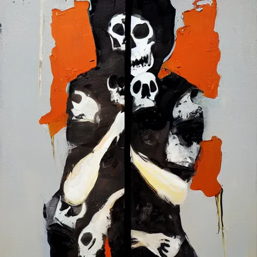 Image similar to vertical stack of three skulls vomiting black tar, anna bocek