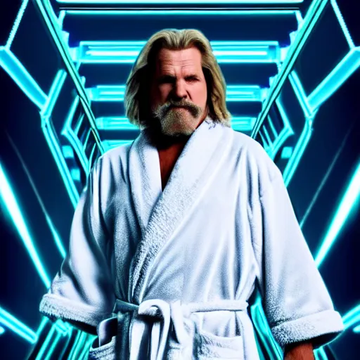 Image similar to dude lebowski dressed in bathrobe played by jeff bridges, stuck in tron realm, photorealistic movie still, detailed 8 k, poster style, high resolution