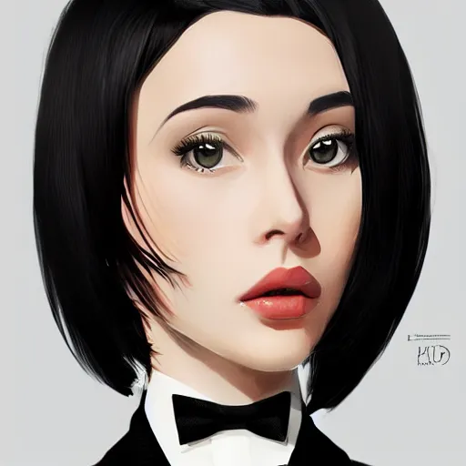 Image similar to slim girl in tuxedo with short black hair, elegant, 2d, ultra highly detailed, digital painting, smooth, sharp focus, artstation, art by Ilya Kuvshinov