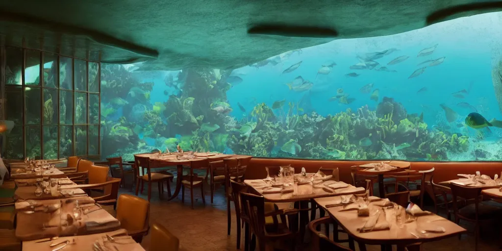 Prompt: a very high resolution image from a new movie, inside the restaurant under the sea, front view, upside - down, shining, photorealistic, photography, directed by wes anderson