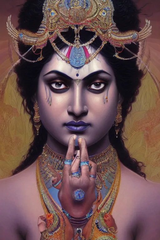 Prompt: Portrait of beautiful indian Kali goddess, cinematic lighting, intricate, elegant, highly detailed, digital painting, artstation, smooth, sharp focus, illustration, art by artgerm and greg rutkowski and zdislav beksinski and alphonse mucha and Wayne Barlowe and william-adolphe bouguereau