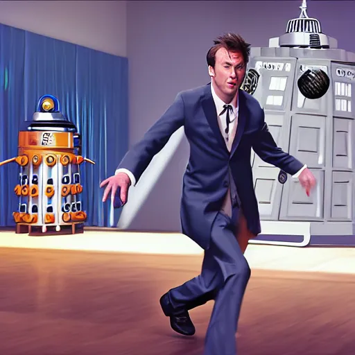 Prompt: the tenth Doctor Who at a polka dancing contest at the YMCA basketball gym, everyone in the background clapping including a Dalek, the Tardis in the background door is open, cgsociety, artstation, UE5, 8K, 4K, HQ